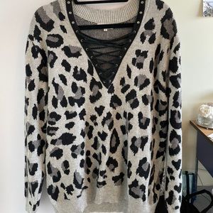 Cheetah Print Criss-Cross V-Neck Sweater